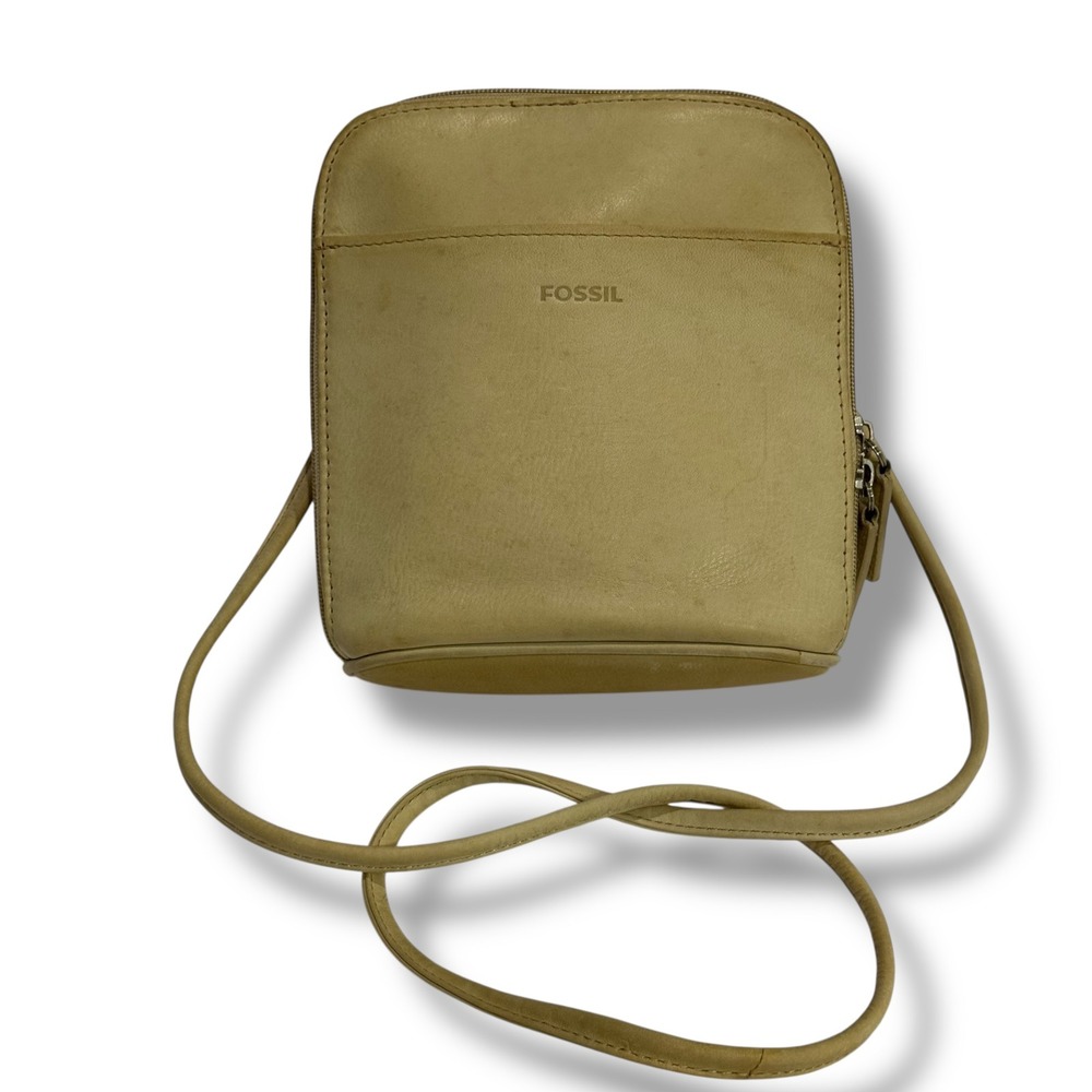 Vintage Fossil Tan Leather Zip Around Crossbody Bag Minimalist